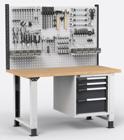 Adjustable professional workbench with wall and cabinets